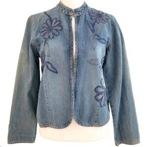 Chico’s Embroidered Denim Jacket - Lightweight Artistic Statement